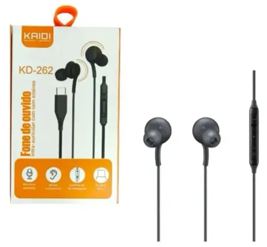 Fone de Ouvido Tipo- C Kaidi KD-262 Intra-Auricular com Som Estéreo