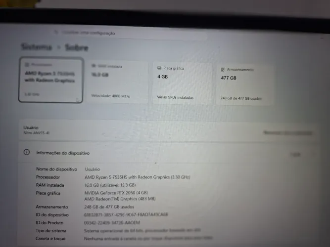 Notebook Gamer nitro 15 Ryzen 7000 series RTX 2050