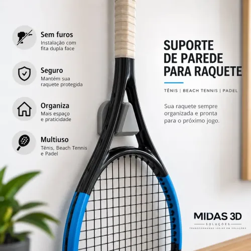 Suporte de Parede Raquete Tênis Padel Beach Tennis Sem Furo