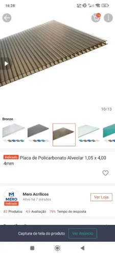 02 chamas de Policarbonato de 4 metros, mais 18 mt de perfil em U