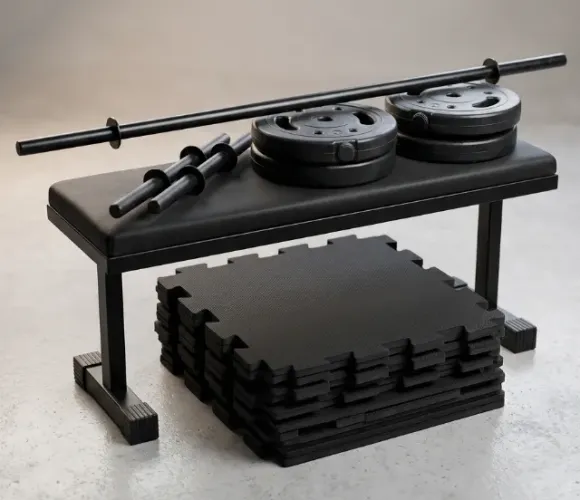 Kit Anilhas (4x5kg) + Halteres e Barra + Banco reto