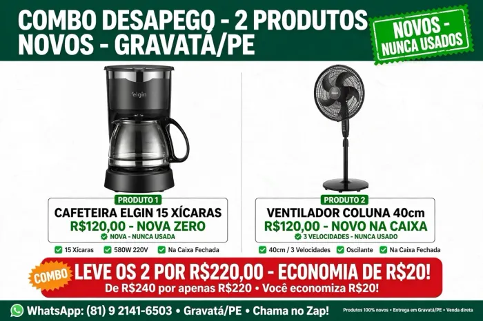 Ventilador de coluna e também cafeteira cada um a R$120 se levar os dois faço 230