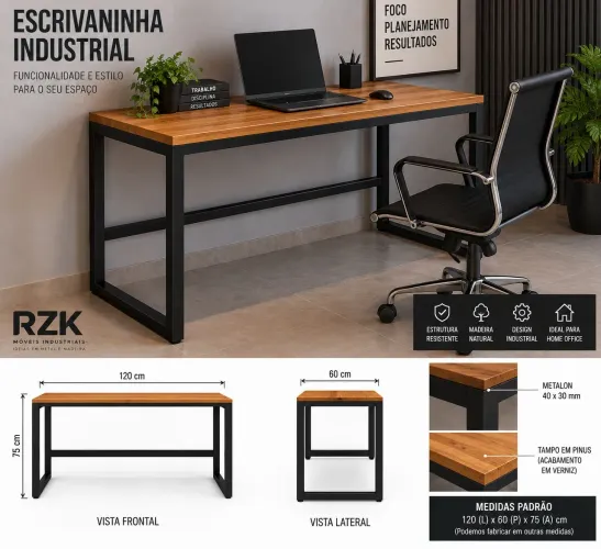 ESCRIVANINHA INDUSTRIAL 120x60x75 | MESA ESCRITÓRIO | HOME OFFICE | METALON 40x30 + PINUS