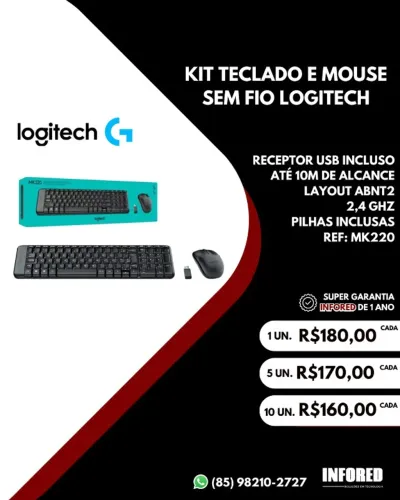 Kit Teclado e Mouse Sem Fio Logitech MK220