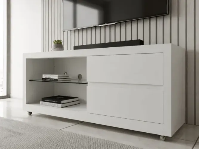 Rack para TV Moderno/ 2 Gavetas e 2 Nichos com Divisória de Vidro/ Rodinhas/ Oportunidade