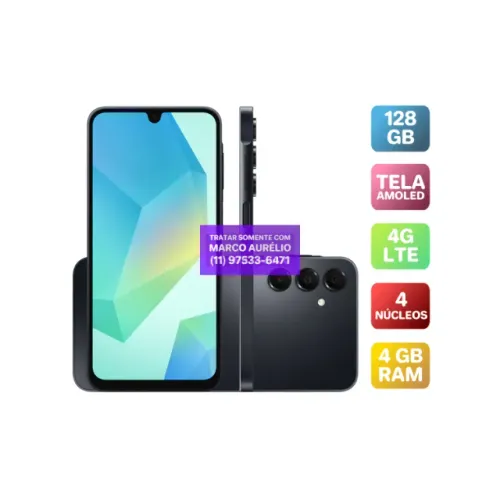 Galaxy A16 4G Amoled 128 GB Preto com Capa, Película e Fonte - Marca no Vidro