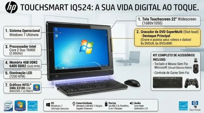 PC All in One HP IQ524 Touch 22" Core2 4GB HD 500GB + Kit Microsoft Sem Fio + 10 Mil Jo