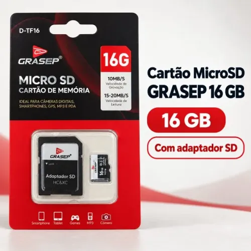 Cartão De Memória Micro Sd 16gb Classe 10 Grasep Adaptador