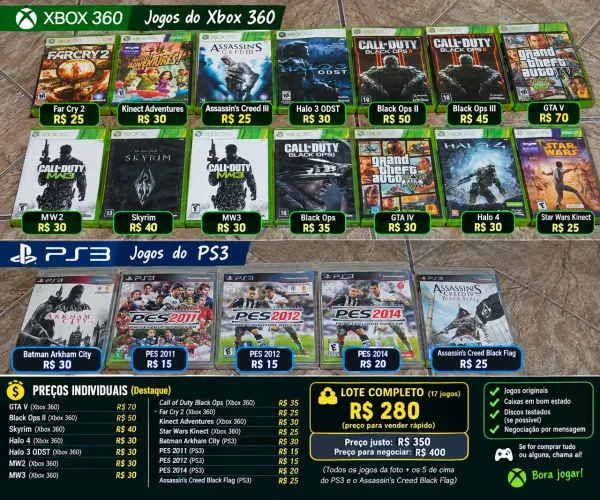 ? Lote Jogos Xbox 360 + PS3 Originais | GTA V, BO2, Skyrim, Halo, COD e mais