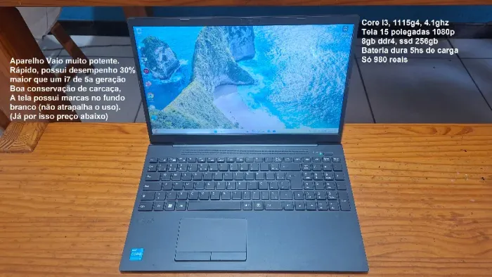 Notebook Vaio, core i3, 11a geração, tela 15, 8gb ddr4 e ssd 256gb, aceito cartão