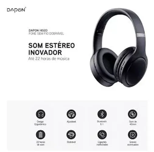 Fone de Ouvido Headphone Dapon H02 Bluetooth 5.1 Preto Com Mic
