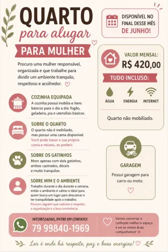 ALUGA-SE QUARTO PARA MULHER