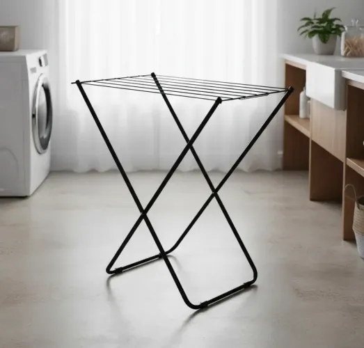 Varal De Chão Preto Slim Compacto Aço Reforçado Dobrável