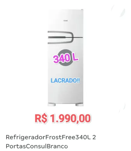 Geladeira Consul Frost Free 340L + 127v + Novo + Nota + Garantia+ Cartão 12x