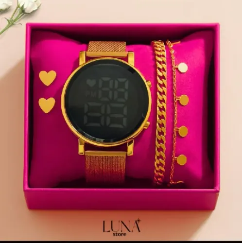 Vendo relógio redondo digital dourado + 2 pulseiras