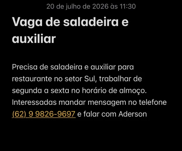 Vaga de saladeira e auxiliar