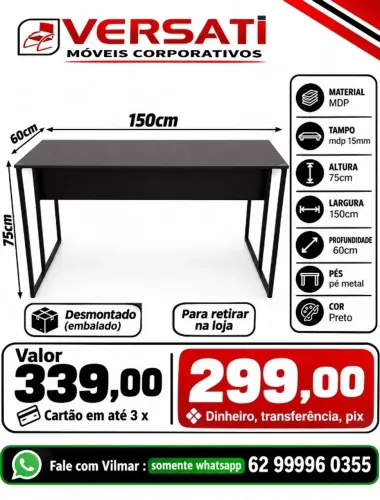 mesa 150cm x 60cm escritorio mdp pé de metal cor preta ( produto novo ) promoção