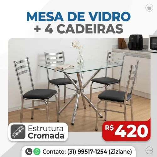 Conjunto Mesa de Vidro com 4 Cadeiras Cromadas - Ótimo Estado