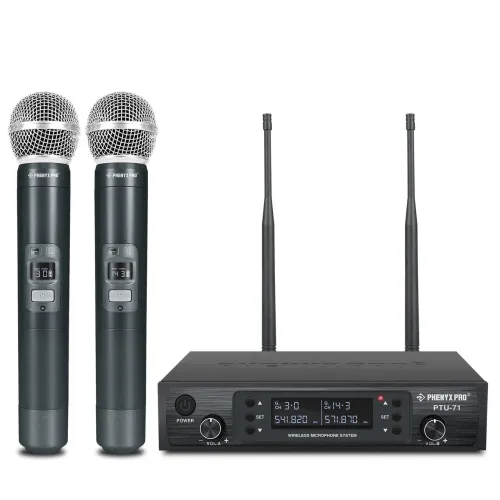 Sistema de Microfone Sem Fio UHF Duplo com Varredura Automática Phenyx Pro PTU-71-2H 