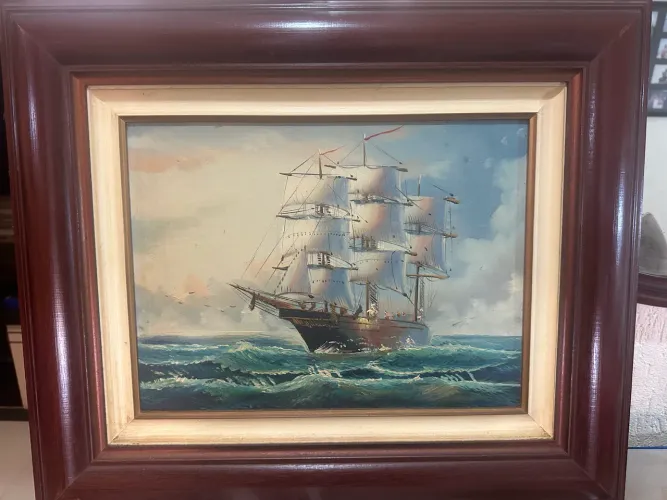 Pintura a óleo Navio Cliper Náutica moldura madeira 