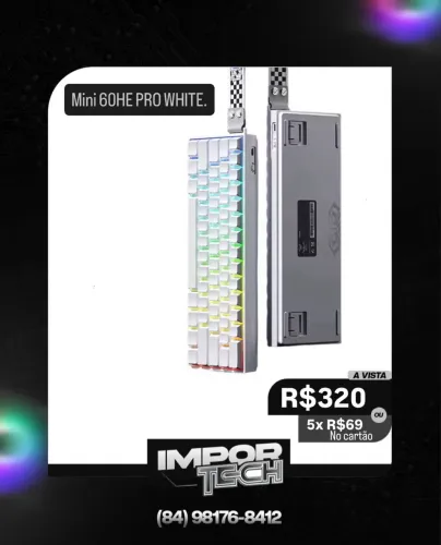 Teclado Magnético Sem fio Mini 60HE PRO WHITE. @importech_084