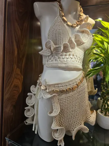 njunto Crochê Sereia Premium (Top Cropped + Saia com Babados) - Novo/p