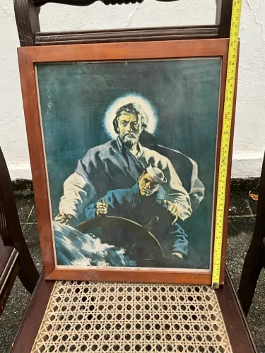 Estampa de madeira vintage Jesus piloto atrás de navios