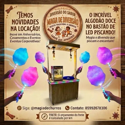 Fazemos Locação para eventos com pipoca e o algodão doce no bastão de led