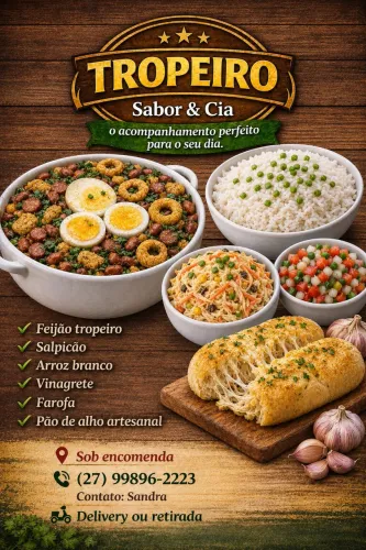 Feijão tropeiro, salpicão, arroz, vinagrete, farofa, pão de alho
