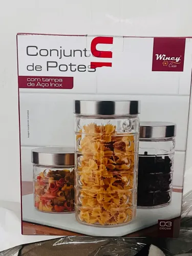 Conjunto de 3 potes vidro com tampa inox 