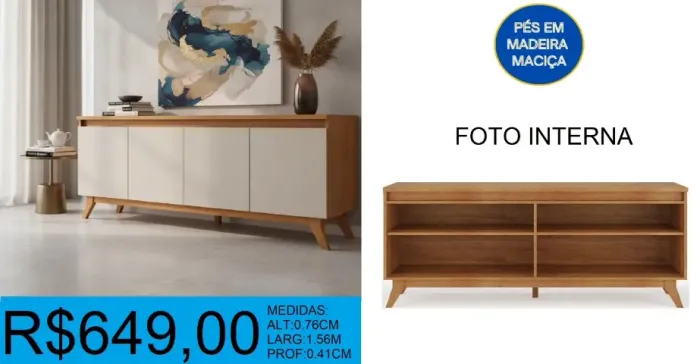 Rack com pes de madeira maciça larg:1,56m - à pronta entrega