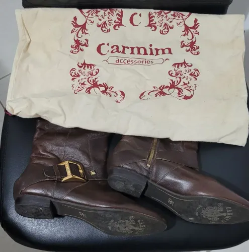 Bota Carmim Couro Marrom Cano Alto Salto Baixo Tam 36