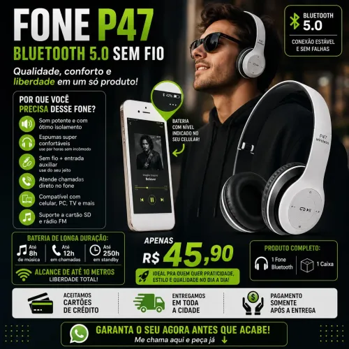 HEADFONE FONE P47 BLUETOOTH 5.0 SEM FIO