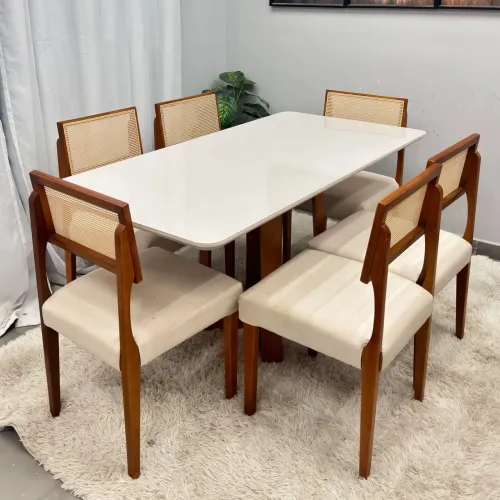 Mesa de Jantar Bali 160x80cm com Vidro e 6 Cadeiras Madeira Entrega Rápida