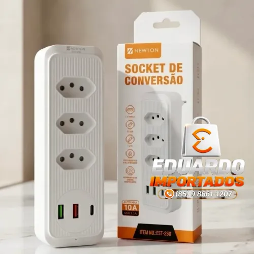 Adaptador de Tomadas (T/Benjamim) com 3 + Portas USB e Tipo-C para Carregamento - 10A