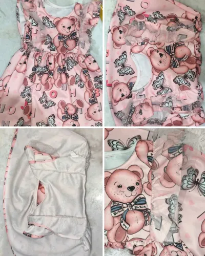 Vestido Infantil 3 Anos Rosa Ursinhos e Borboletas - Forrado