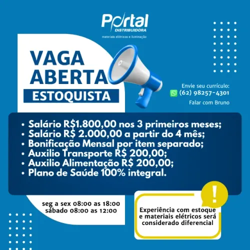 Vaga de Estoquista Salário R$ 2.000,00 após 3 meses + Beneficios
