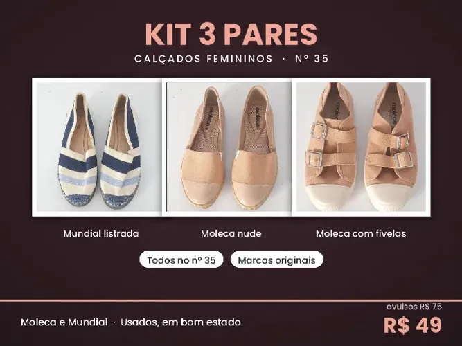 Kit 3 Calçados Femininos Nº 35 Moleca + Mundial
