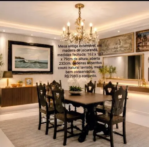 Sala de jantar antiga em madeira maciça de jacarandá extensível com 6 cadeiras.