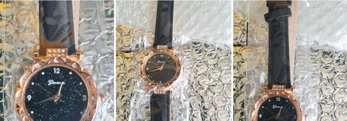 Relogio preto com dourado pulseira de couro