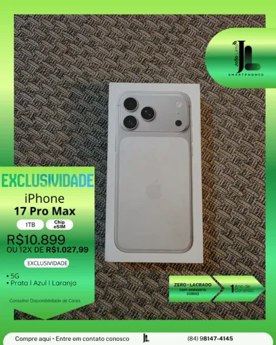 IPHONE 17 PRO MAX, 1TB, CHIP ESIM, SILVER(PRATA), LACRADO, LANÇAMENTO!