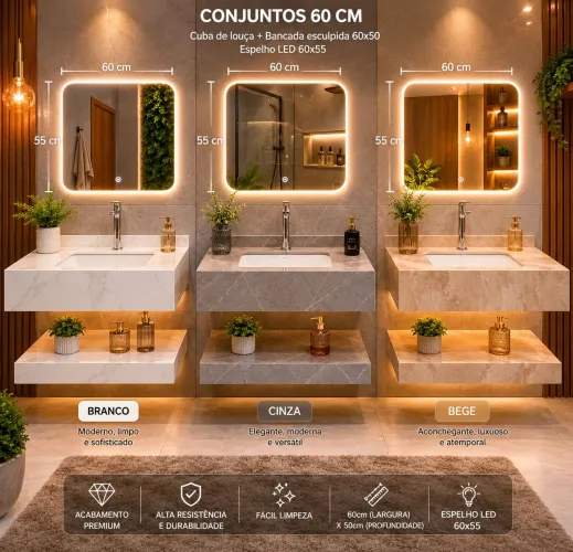 CONJUNTO P/BANHEIRO SUSPENSO EM PORCELANATO 60X50 COM ESPELHO EM LED