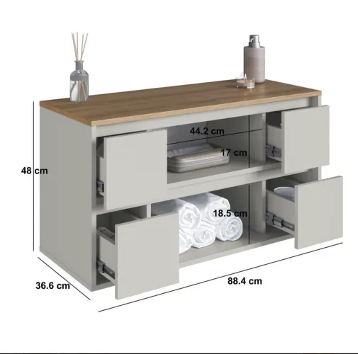 Balcão Gabinete de Banheiro Suspenso 88,4cm com 2 Portas e 4 Gavetas Berlim Arenas