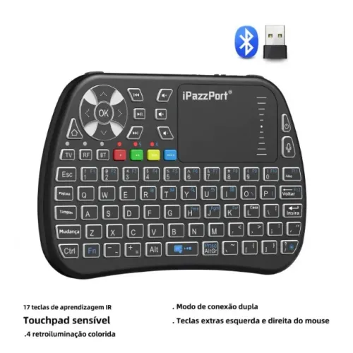 Mini Teclado A6 iPazzPort (conexões bluetooth, RF 2.4 GHz e infravermelho)