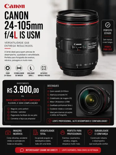 Lente Canon 24-105 L f4 na oferta para sair rápido