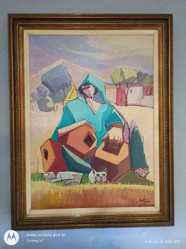 Tela a óleo do cubismo de 1970 excelente estado com moldura clássica