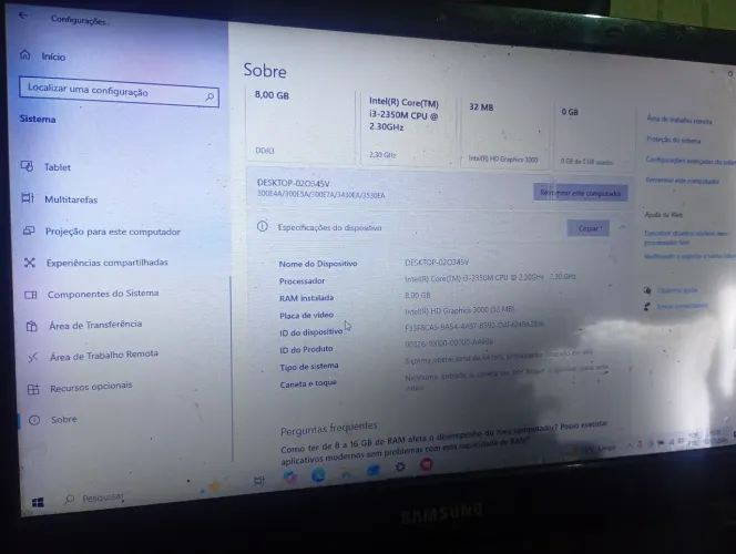 Notebook Samsung 8gbram 500gb memória 