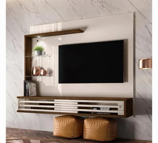 Painel suspenso para TV até 50" com LED e prateleiras de vidro