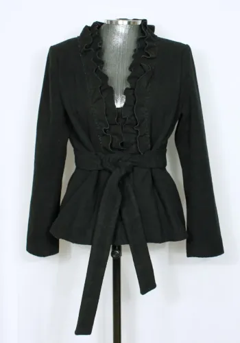 Casaco feminino inverno lã batida preta babado - Veste M - Ref. 6104
