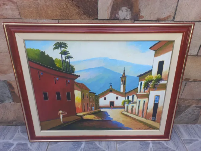 QuADRO ANTIGO PINTURA PAISAGEM CASARIO E IGREJA 